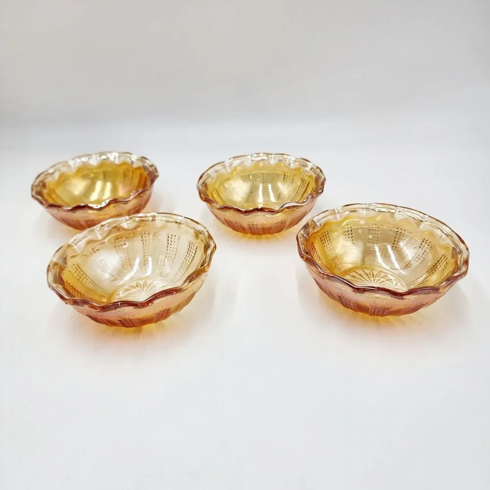 Set Of 4 Hazel Atlas Diamond Point Carnival Glass Iridescent Berry Dessert Bowls